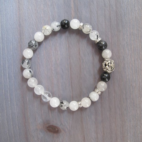 Tourmaline Quartz Beads Gemstone Bracelets Silver Lion Charm Mens Bracelet - Picture 3 of 5